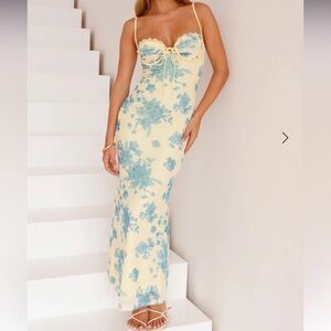 SELFIE LESLIE FORTUNE LACE TRIM MESH MIDI/MAXI DRESS YELLOW